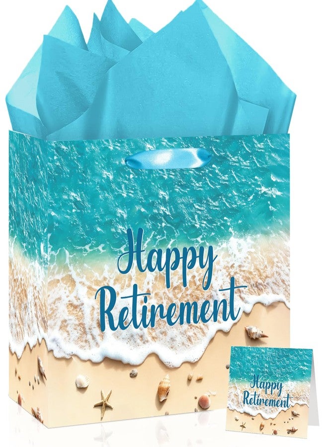 Woosytoo Large Happy Retirement Gift Bag with Tissue Paper and Card Beach Ocean Theme Retired Gift Bags for Women Men Coworker Boss Summer Seaside Wrapping Paper for Retirement Party Decor Farewell Supplies - Image 1