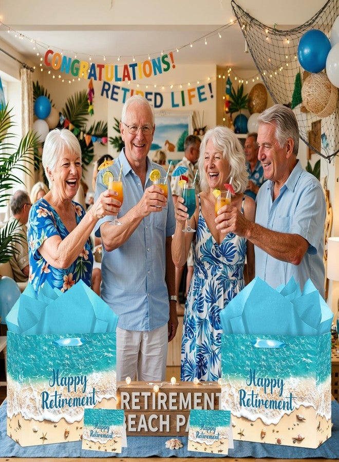 Woosytoo Large Happy Retirement Gift Bag with Tissue Paper and Card Beach Ocean Theme Retired Gift Bags for Women Men Coworker Boss Summer Seaside Wrapping Paper for Retirement Party Decor Farewell Supplies - Image 4