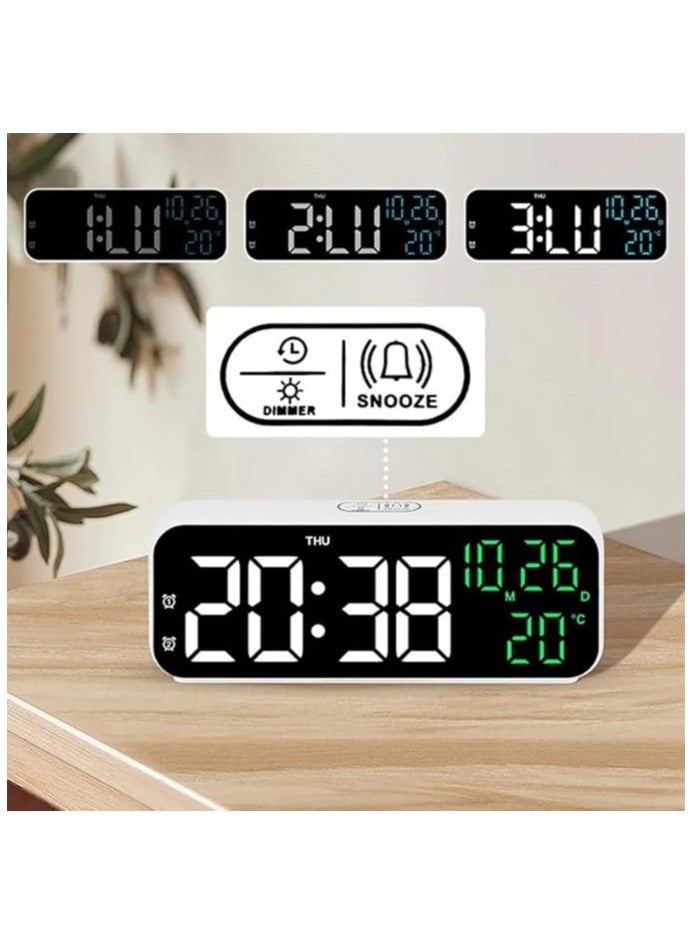 ساعة منبه رقمية LED - ساعة طاولة تعمل بالطاقة USB مع غفوة وعرض التاريخ والوقت وسطوع قابل للتعديل ومؤقت تنازلي وتحكم صوتي (أبيض وأخضر)  - Image 2