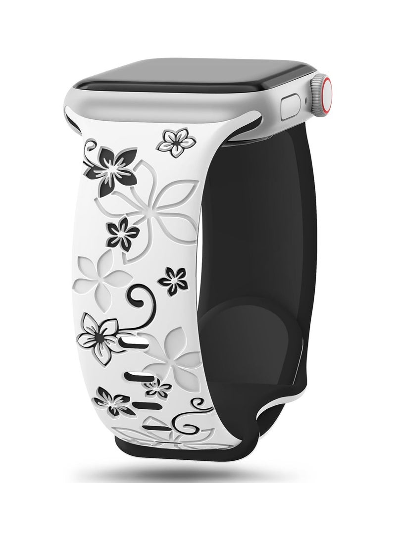 Floral Engraved Bands Compatible with Apple Watch Band 42mm 41mm 40mm 38mm for Women,Cute Flower iWatch Bands Soft Silicone Sport Strap for iWatch Series SE 10 9 8 7 6 5 4 3 Ultra - Image 1