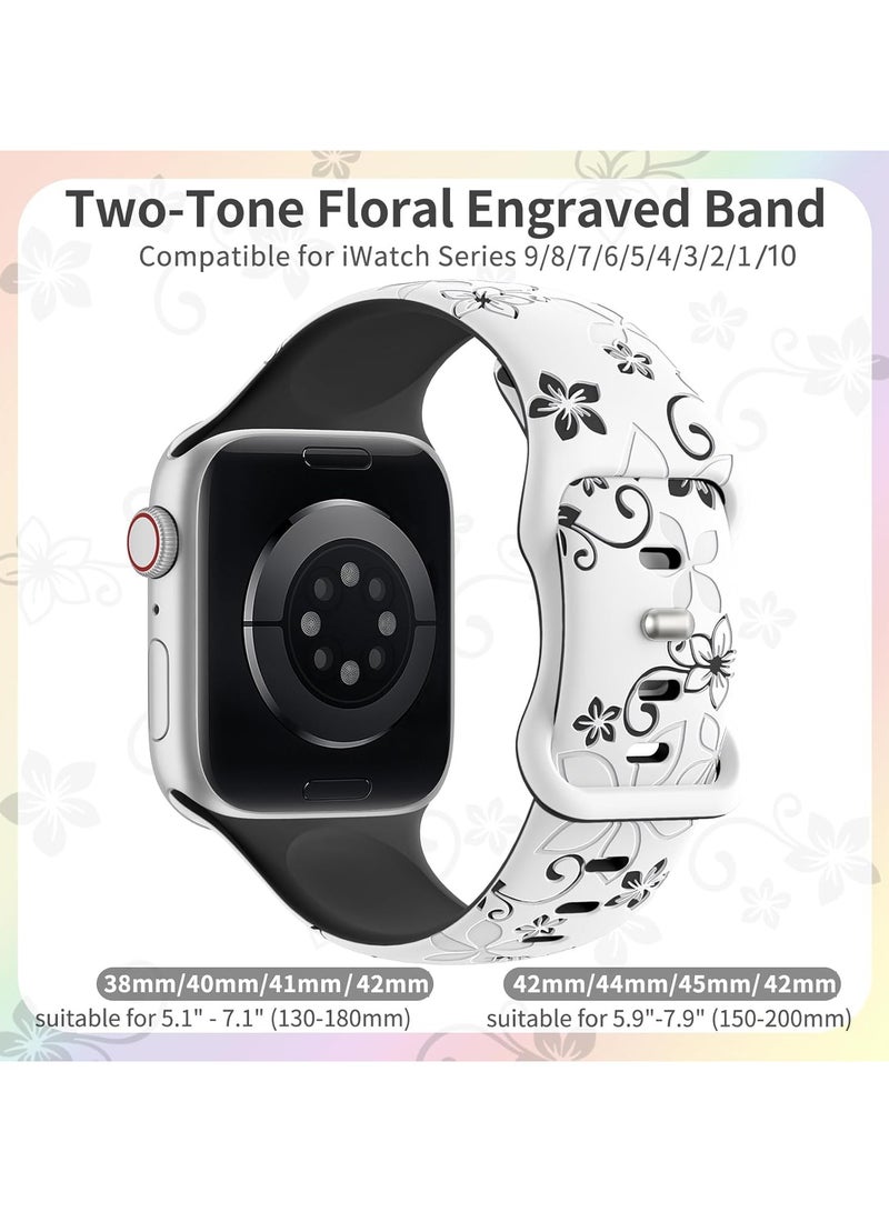 Floral Engraved Bands Compatible with Apple Watch Band 42mm 41mm 40mm 38mm for Women,Cute Flower iWatch Bands Soft Silicone Sport Strap for iWatch Series SE 10 9 8 7 6 5 4 3 Ultra - Image 2