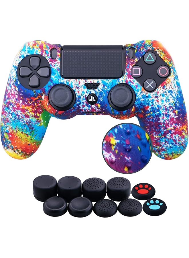 Water Transfer Printing Dots Silicone Cover Skin Case For Sony Ps4/Slim/Pro Dualshock 4 Controller X 1(Spashing Paint) With Thumb Grips X 10 - Image 2