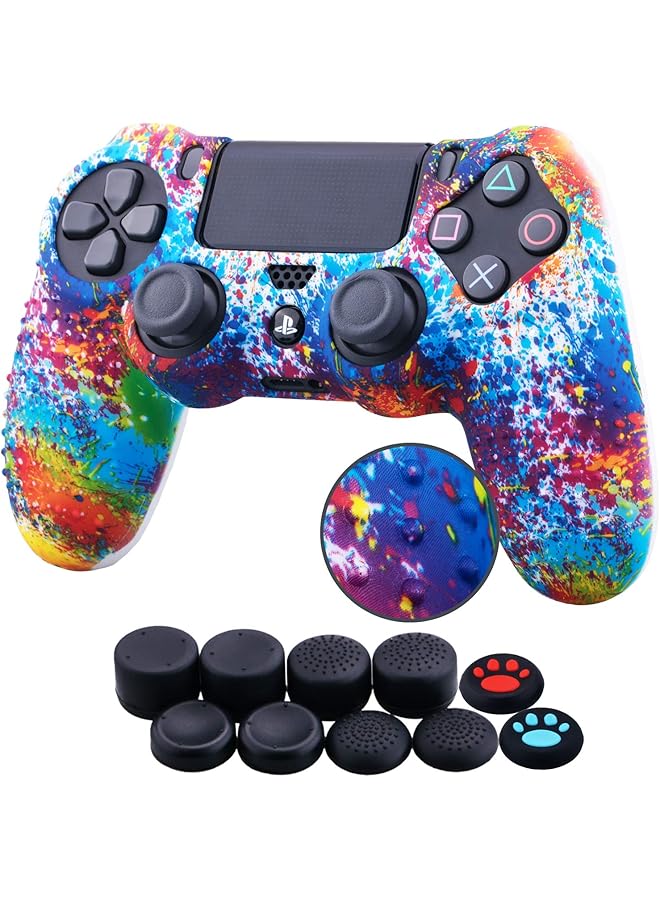 Water Transfer Printing Dots Silicone Cover Skin Case For Sony Ps4/Slim/Pro Dualshock 4 Controller X 1(Spashing Paint) With Thumb Grips X 10 - Image 1