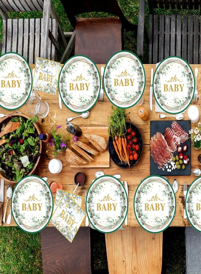 HSPAIDYP 100Pcs Sage Greenery Baby Shower Party Supplies 7"Oh Baby Paper Plates and Sage Greenery Napkins for Eucalyptus Gender Reveal Green and Gold Plant Baby Shower Birthday Party Decorations Serves 50 - Image 5