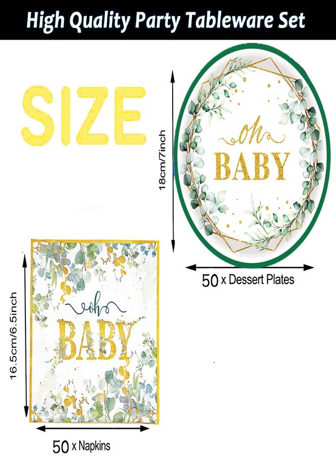 HSPAIDYP 100Pcs Sage Greenery Baby Shower Party Supplies 7"Oh Baby Paper Plates and Sage Greenery Napkins for Eucalyptus Gender Reveal Green and Gold Plant Baby Shower Birthday Party Decorations Serves 50 - Image 4