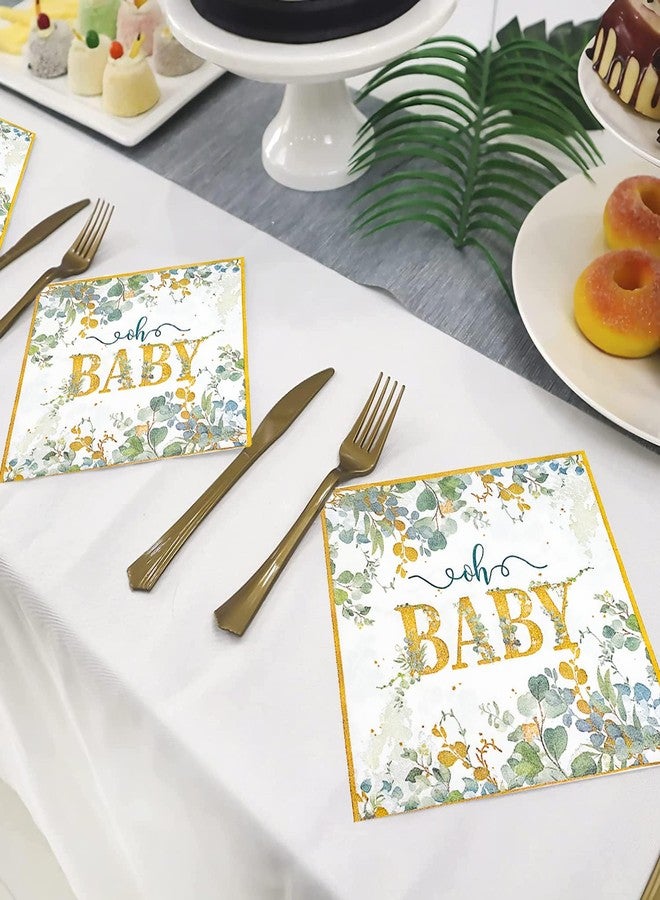 HSPAIDYP 100Pcs Sage Greenery Baby Shower Party Supplies 7"Oh Baby Paper Plates and Sage Greenery Napkins for Eucalyptus Gender Reveal Green and Gold Plant Baby Shower Birthday Party Decorations Serves 50 - Image 2
