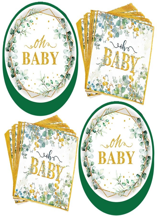 HSPAIDYP 100Pcs Sage Greenery Baby Shower Party Supplies 7"Oh Baby Paper Plates and Sage Greenery Napkins for Eucalyptus Gender Reveal Green and Gold Plant Baby Shower Birthday Party Decorations Serves 50 - Image 1