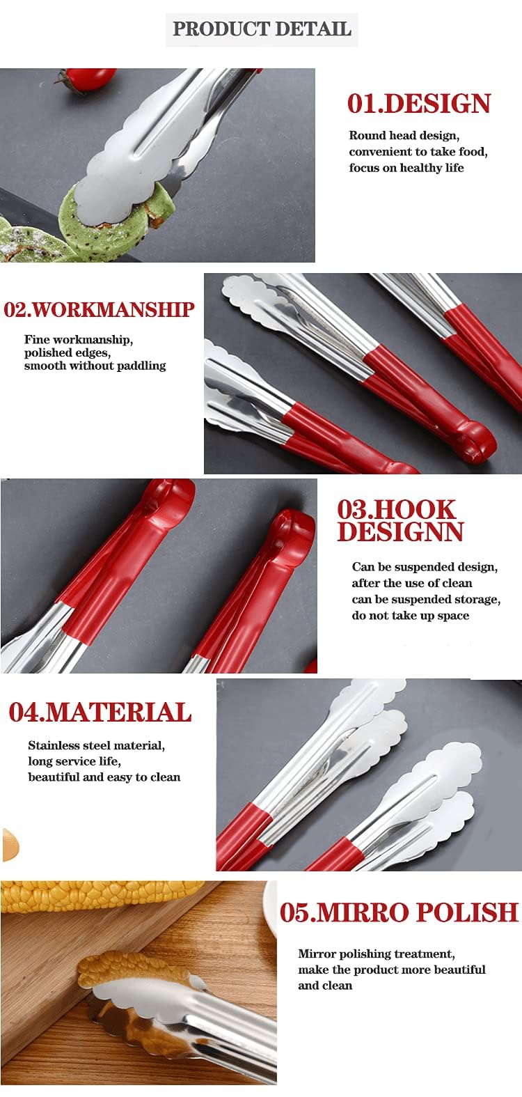 Giffy® 9 inch Vinyl Coated Handle Barbecue Grill BBQ Tongs Stainless Steel Fruits Food Tong Kitchen Cooking Tools for Home Office and Hotel Kitchen Use | Men and Women - Image 5