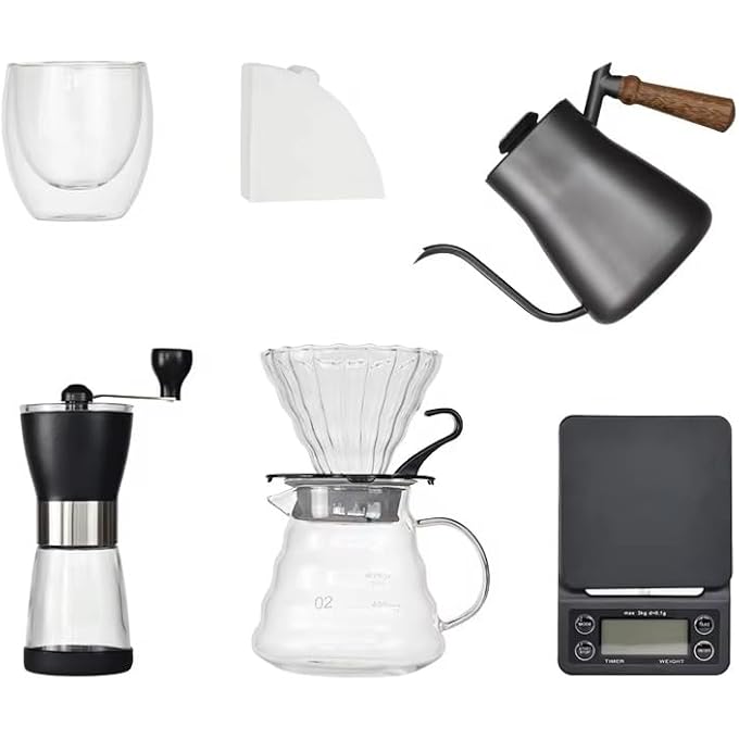 بيتشو مجموعة ماكينة صنع القهوة V60 مع مطحنة وغلاية وفلتر ومقياس وقمع تنقيط زجاجي ومجموعة قهوة للسفر في حقيبة هدايا ماكينة صنع القهوة - Image 3
