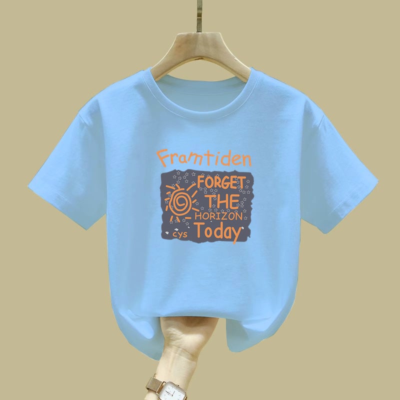 2066# Summer Girls' Short-Sleeved 100 Pure Cotton Medium And Large Children'S Western Style T-Shirt Loose Top Base Shirt - Image 1