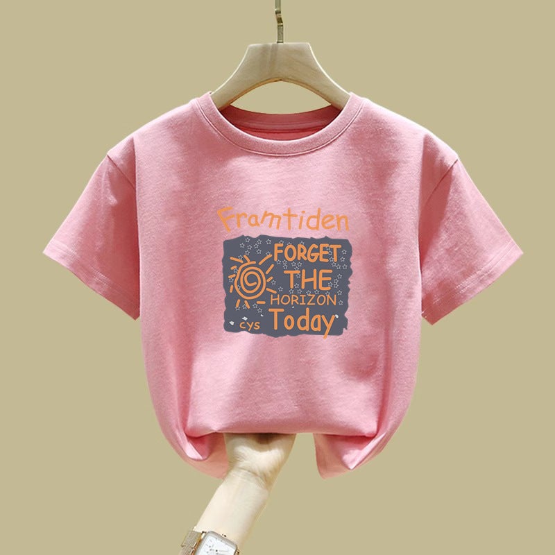 2066# Summer Girls' Short-Sleeved 100 Pure Cotton Medium And Large Children'S Western Style T-Shirt Loose Top Base Shirt - Image 2