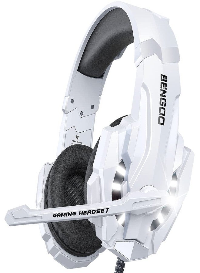 BENGOO Pro Gaming Headset for PS4 PS5 PC Xbox One Controller, Noise Cancelling Over Ear Headphones with Mic, LED Light, Bass Surround, Soft Memory Earmuffs for Laptop Mac - White - Image 1