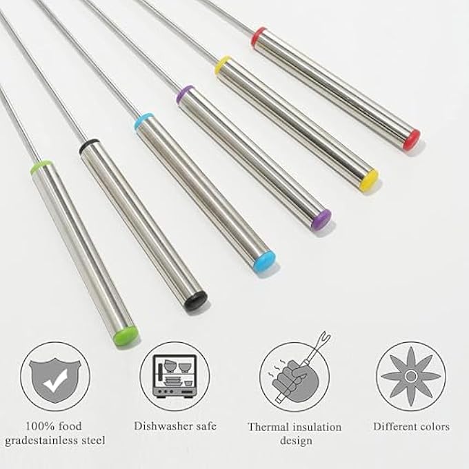 SWIUKPHE Stainless Steel Fondue Forks ColorCoded Cheese Fondue Fork Stainless Steel Fruit Fondue Forks With HeatBlocking Handle For Chocolate Fountain Cheese Hot Pot Becue 6 Pack 95 Inch - Image 3