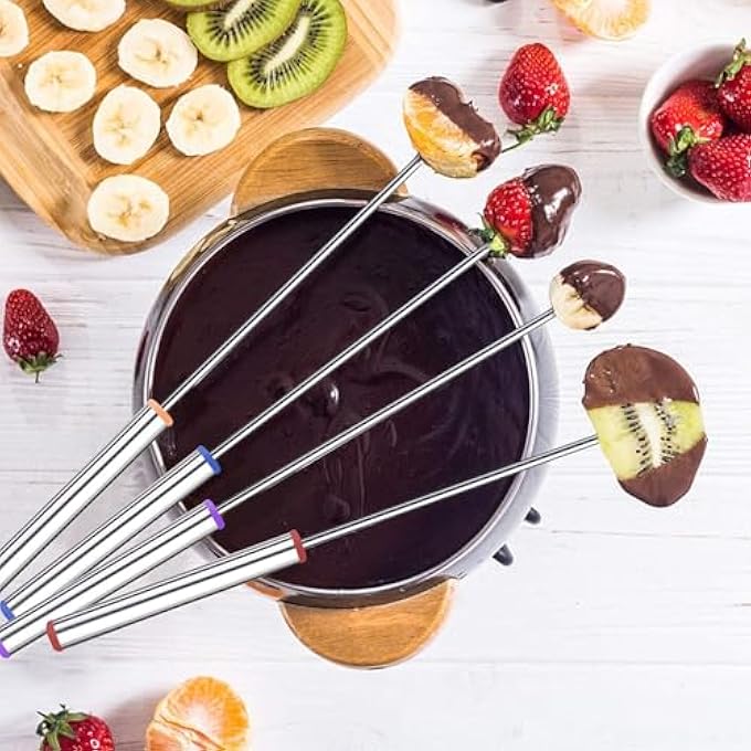SWIUKPHE Stainless Steel Fondue Forks ColorCoded Cheese Fondue Fork Stainless Steel Fruit Fondue Forks With HeatBlocking Handle For Chocolate Fountain Cheese Hot Pot Becue 6 Pack 95 Inch - Image 2