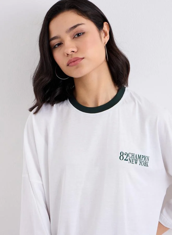 Styli White Oversized 100% Cotton T-Shirt with Contrast Trim