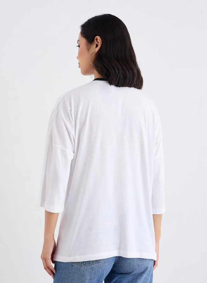 Styli White Oversized 100% Cotton T-Shirt with Contrast Trim