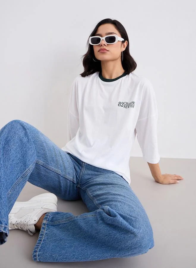 Styli White Oversized 100% Cotton T-Shirt with Contrast Trim