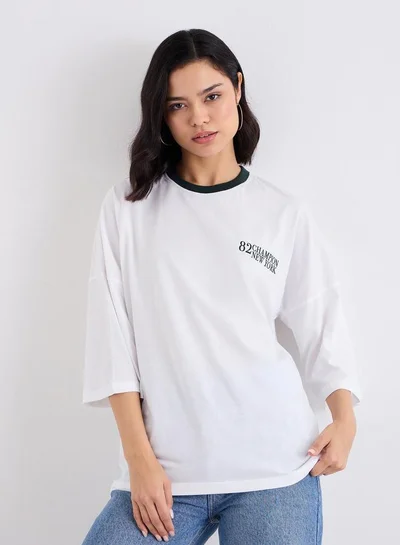 Styli White Oversized 100% Cotton T-Shirt with Contrast Trim
