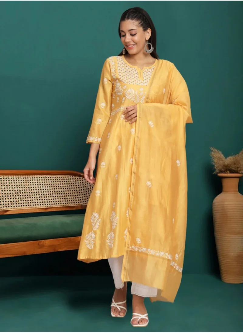 Alaya Hand embroidered Chikankari Chanderi Cotton Kurta Set and Dupatta with Mukaish-AL3665KS