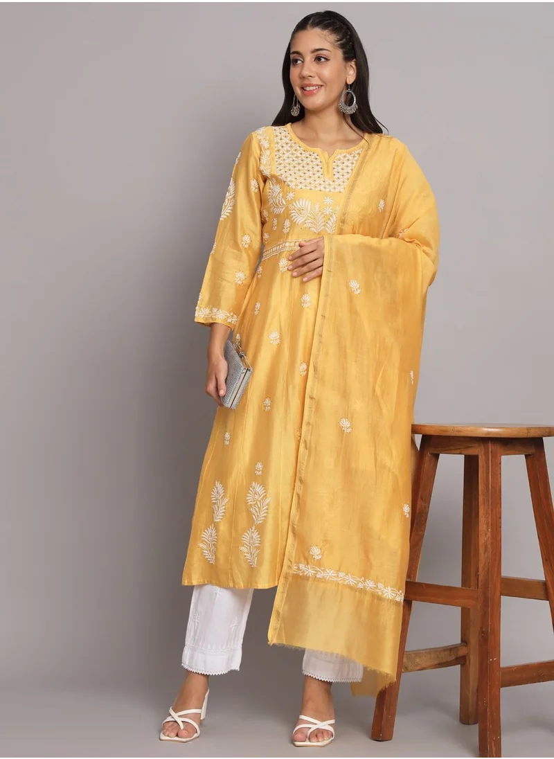 الايا Hand embroidered Chikankari Chanderi Cotton Kurta Set and Dupatta with Mukaish-AL3665KS