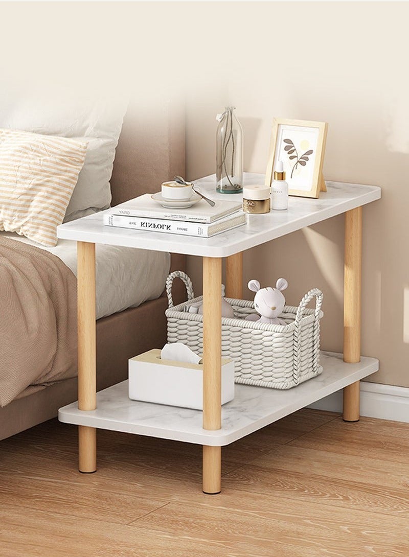JOGAMS Double Tier End Side Table Modern Coffee Table with MDF Board and Solid Wood Legs for Living Room and Bedroom No Tools Assembly Marble White - Image 1