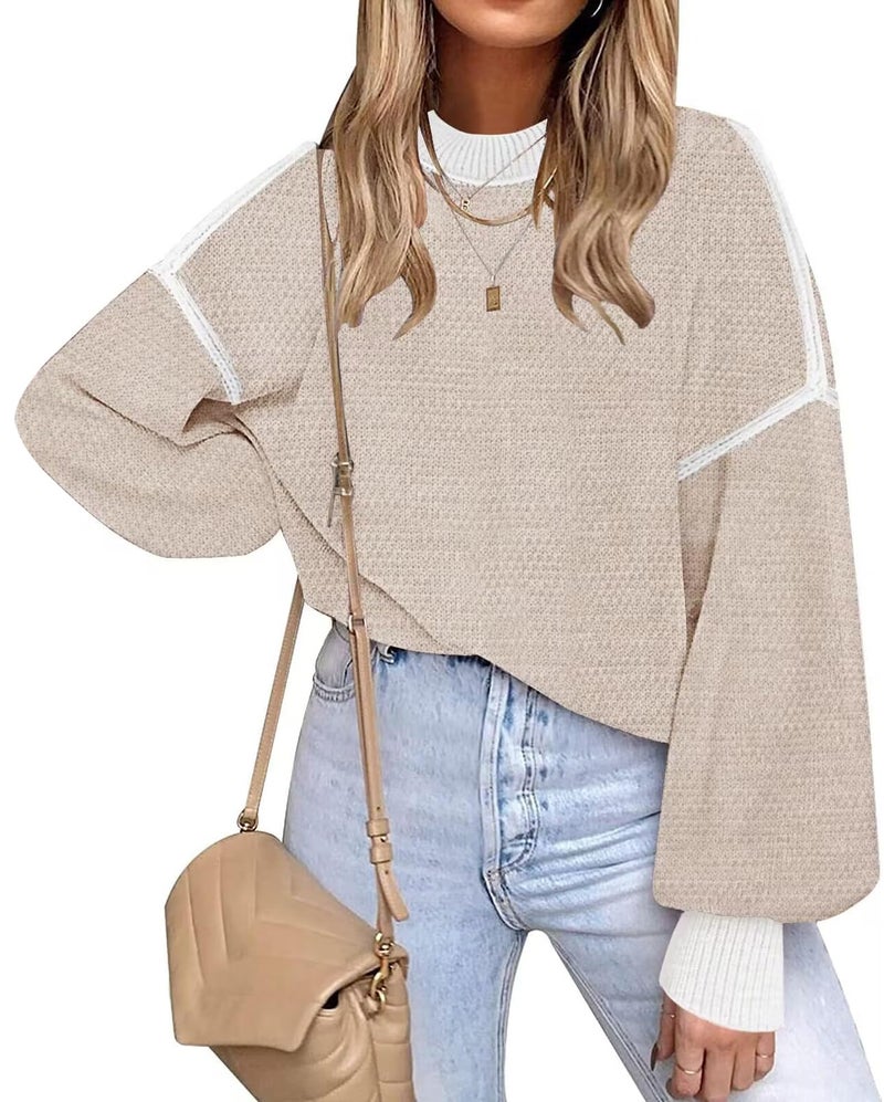 Disamer Fall Clothes for Women 2026 Trendy Fashion Oversized Sweaters Color Block Long Sleeve Knited Pullover Tops Winter Outfits,Apricot,XX-Large - Image 1