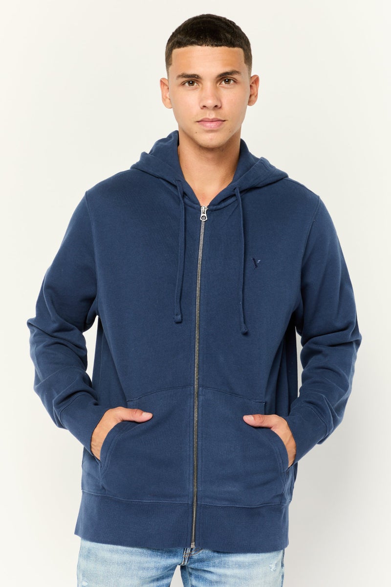 American Eagle Men Long Sleeve Embroidered Logo Full Zip Hoodie, Navy - Image 1