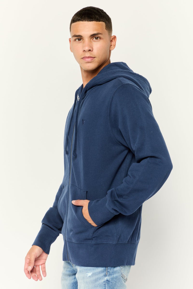 American Eagle Men Long Sleeve Embroidered Logo Full Zip Hoodie, Navy - Image 2