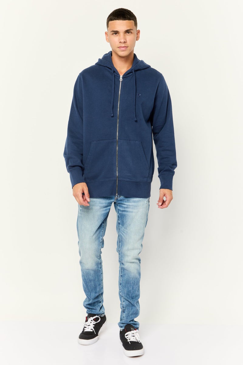 American Eagle Men Long Sleeve Embroidered Logo Full Zip Hoodie, Navy - Image 4