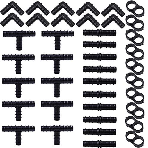 URATOT 40 Pieces Drip Irrigation Fittings Kit 1/2" Tubing Set, 10 Tees, 10 Couplings, 10 Elbows and 10 End Cap Plugs Drip Irrigation Barbed Connectors for Drip Sprinkler Systems - Image 1