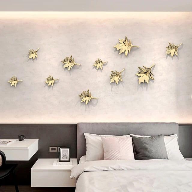 ZOVE Metal Mapple Leaf Set of 10 Wall Art - Perfect for Home, Hotel, Restaurant, Living Room Decoration - Electroplating Gold - Image 2