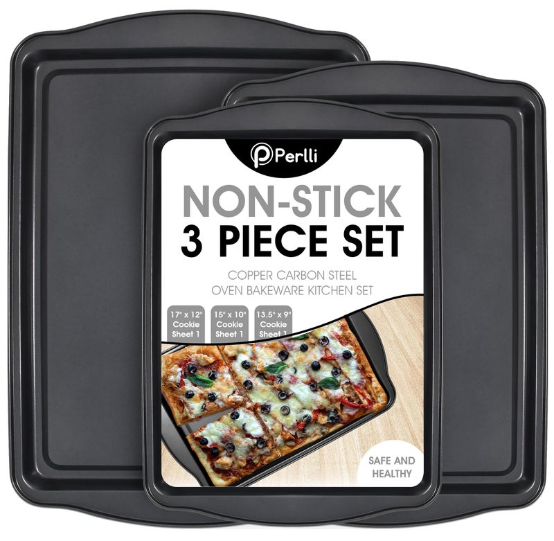 Perlli Cookie Sheets for Baking Non Stick Oven Pan Tray Baking Sheet 3Piece Set Small Medium  Large Carbon Steel BPA Free Cooking and Baking Trays for Cakes and Cookies