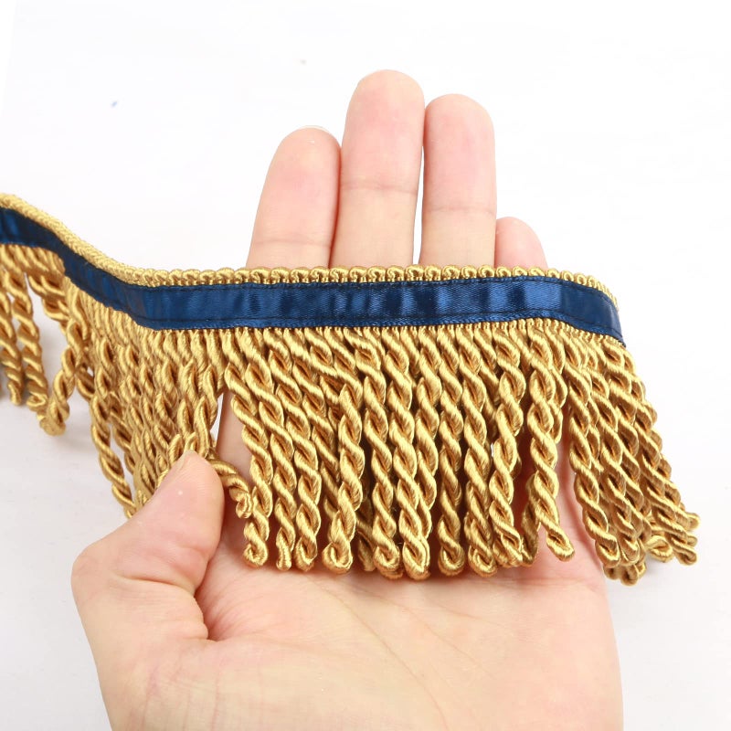 HedongHexi Bullion Fringe Trim and Embellishments 5/10 Yard X 2.5 Inches Fabric Trims Sewing DIY Decoration for Clothes Gold Hebrew Fringes with Blue Ribbon - Image 1