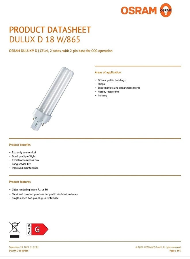 Osram Osram Pl Lamp 18W 2Pin Day Light 6500K  - Image 3