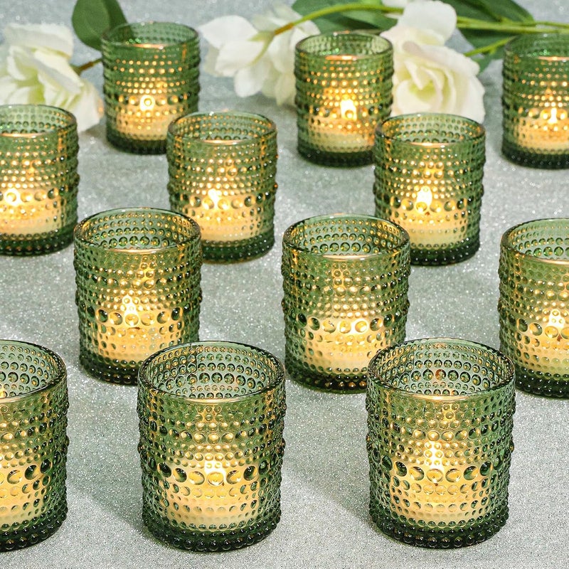 SUPMIND 24 Pcs Votive Candle Holders, Glass Holders Bulk for Table Centerpiece, Tea Lights Candle Holders for Wedding Shower, Party and Home Decor Green - Image 1