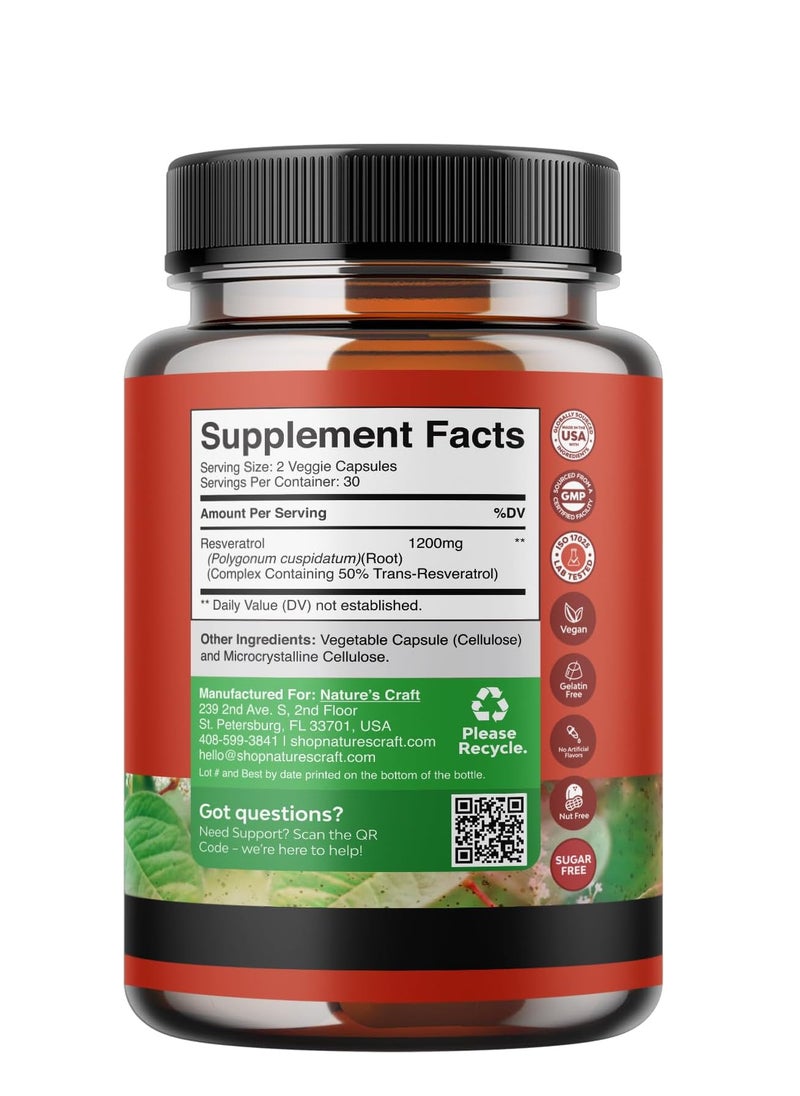 Nature's Craft - Anti Aging Trans Resveratrol Supplement - Natural Joint Support Supplement - Optimized Resveratrol Capsules With AMPK Activator Brain Booster Immune Support and Heart Health Supplement - Image 1
