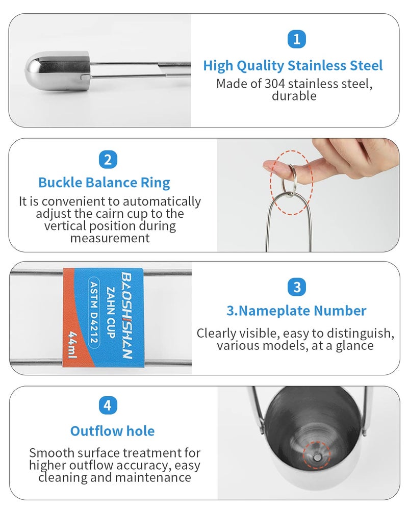 BAOSHISHAN NO.3 Zahn Cup Viscosity Cup #3 Dip Type 44ml Stainless Steel Viscometer Flow Cup for Paint Finishes Oil Dye Sauce Honey - Image 4