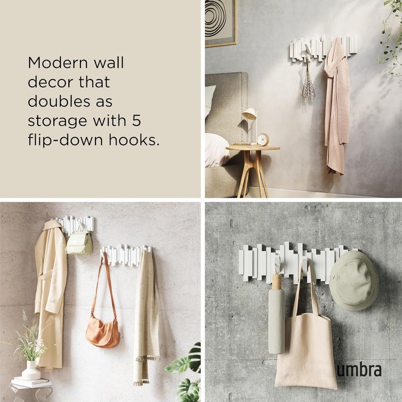 UMBRA Sticks Wall-Mounted Coat Rack Rail Hook with 5 Retractable Pegs – Modern, Space-Saving Storage Organizer, White - Image 4