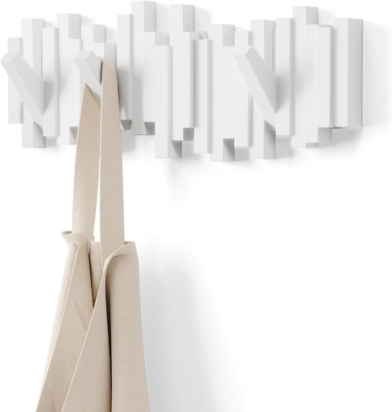 UMBRA Sticks Wall-Mounted Coat Rack Rail Hook with 5 Retractable Pegs – Modern, Space-Saving Storage Organizer, White - Image 1