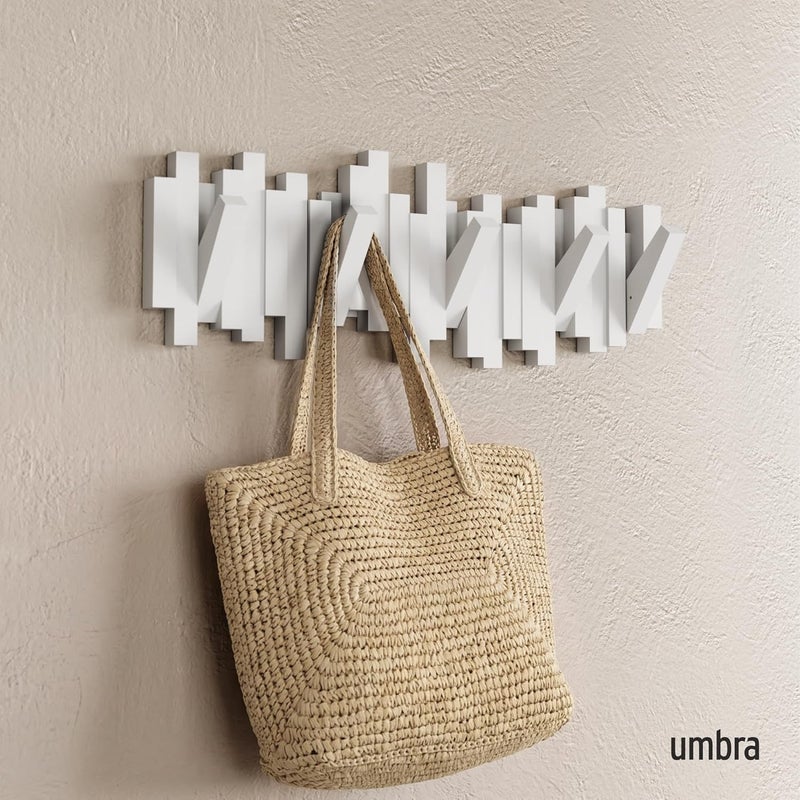 UMBRA Sticks Wall-Mounted Coat Rack Rail Hook with 5 Retractable Pegs – Modern, Space-Saving Storage Organizer, White - Image 2
