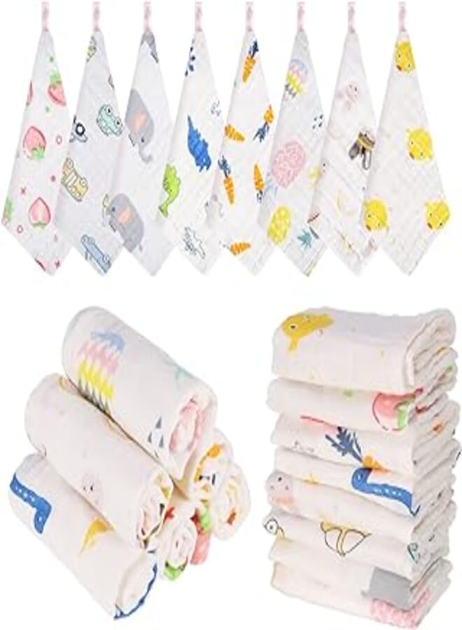 Fingertoys Pack of 8 Baby Muslin Washcloths, Newborn Muslin Squares, Soft Newborn Baby Face Cloths, Multi-Purpose Baby Towel for Boys and Girls, Baby Towels, 25 x 25 cm