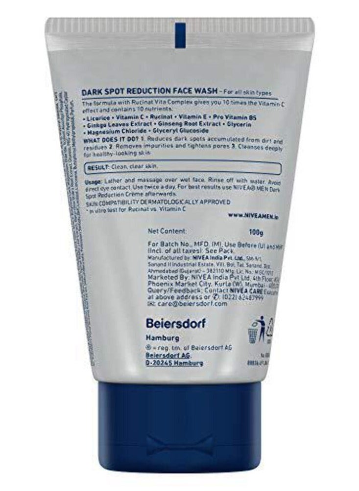 Nivea - NIVEA MEN Dark Spot Reduction Face Wash 100g With Ginkgo and Ginseng Extracts for Clean Healthy and Clear Skin in Summer 10 X Vitamin C Effect for Radiant Skin For Dark Spot Reduction - Image 1
