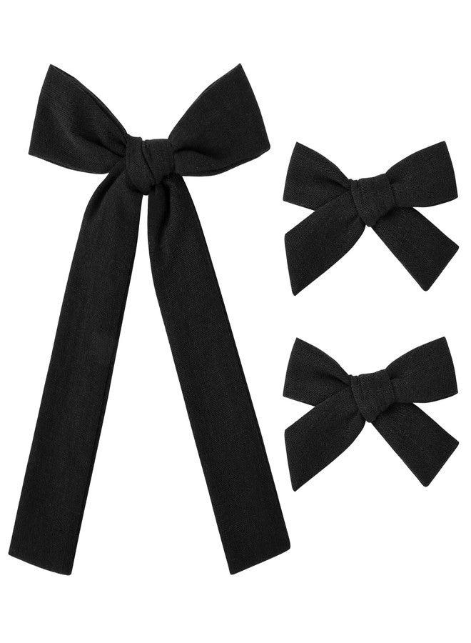 DEEKA Black Cotton Linen Hair Bows 2 Sizes 5"&3.5" Soft Hair Bow set for Toddler Girls Long Ponytail Knot Bows Alligator Clip Hair Accessories for Little School Girls (Black) - Image 1
