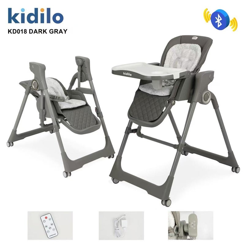 Kidilo KD018 Electric Baby High Chair & Rocking Swing | Bluetooth Music, Remote Control & Control Panel | Detachable Feeding Tray | Adjustable Recline | 5-Point Harness | Foldable Design | Lockable Wheels