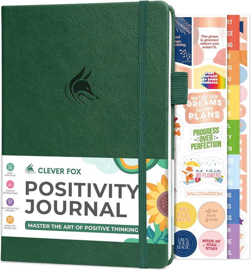 كليفر فوكس دفتر يوميات الإيجابية من Clever Fox – امتنان يومي وتأكيدات مع محفزات – دفتر يوميات الصحة النفسية التحفيزية للرجال والنساء مع متتبع العادات – يدوم 6 أشهر، حجم A5 (أخضر غابي) - Image 1