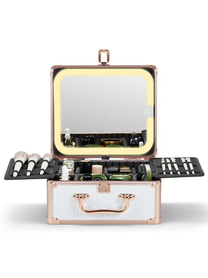 MAKEUP BOX WITH A DETACHABLE LIGHTED MIRROR WATERPROOF TRAVEL TRAIN CASE COSMETIC ORGANIZER AND MAKEUP SUITCASE WITH ADJUSTABLE DIVIDERS MAGNETIC LED MIRRORBRIGHT WHITE