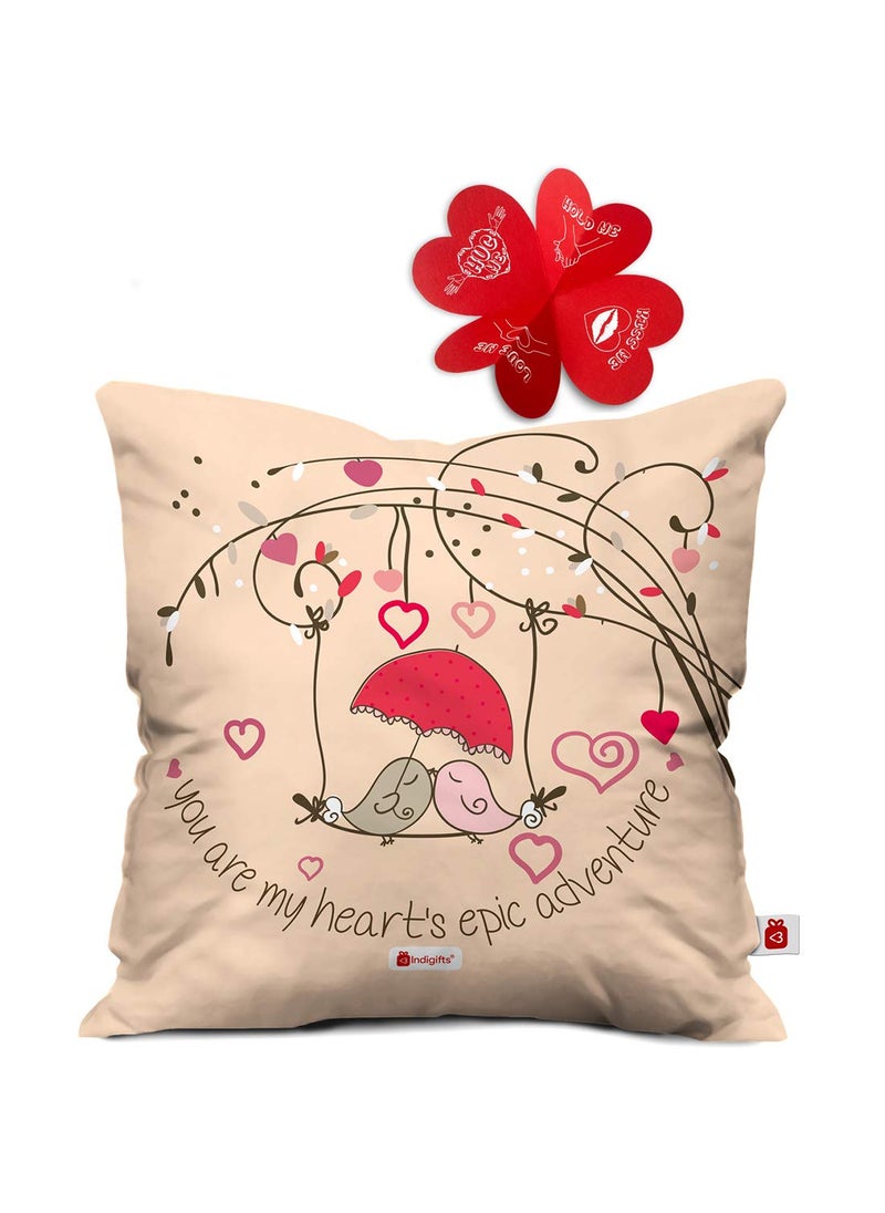 Indigifts - Indigifts Fibre, Satin Love Birds Heart's Epic Adventure Cushion Cover with Filler, 12x12 Inches, Pink, 1 Printed Cushion Cover, 1 Vacuum Packed Conjugated Fibre Filler - Image 1