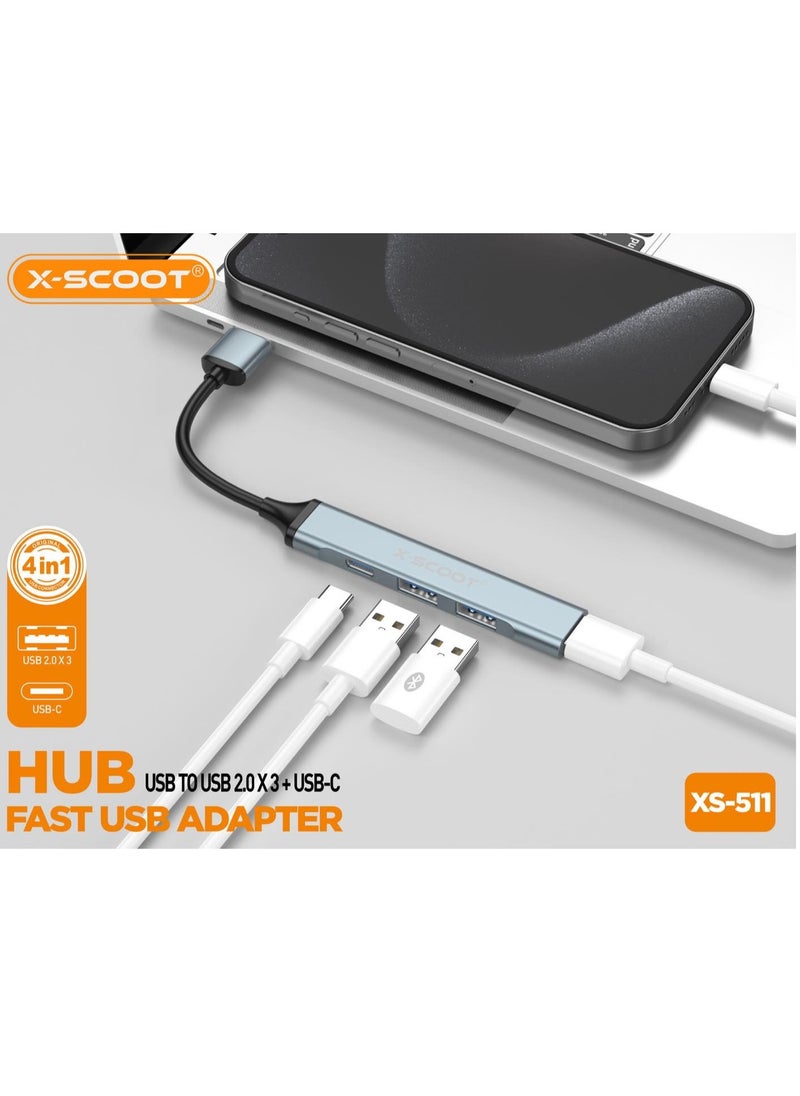 أكس-سكوت اكس سكوت XS-511 محول وموزع 1*4 منفذ الإدخال: USB-A -منفذ الإخراج: (1* تايب سى) سريع+(3منفذ يو اس بى) يعمل مع الهاتف واللاب توب  - Image 1