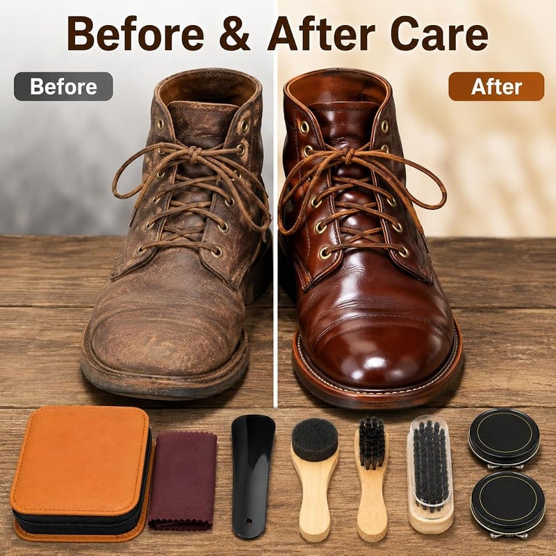 TERRIFI Shoe Polish Kit, 8 Pcs Leather Shoe Care Set with Brushes, Cloth, Colorless Polish and PU Leather Carrying Case, Travel Cleaning Kit for Home and Daily Use - Image 5