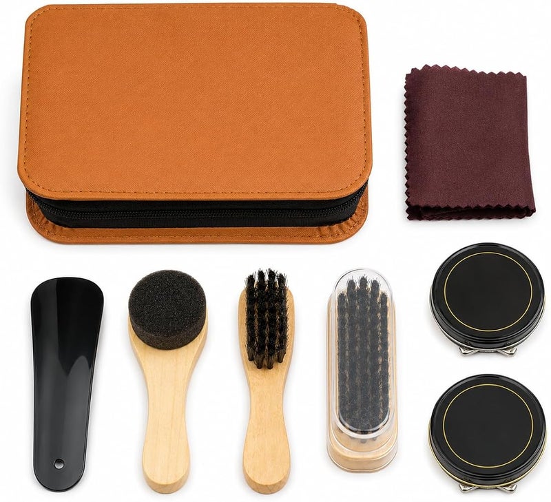 TERRIFI Shoe Polish Kit, 8 Pcs Leather Shoe Care Set with Brushes, Cloth, Colorless Polish and PU Leather Carrying Case, Travel Cleaning Kit for Home and Daily Use - Image 1